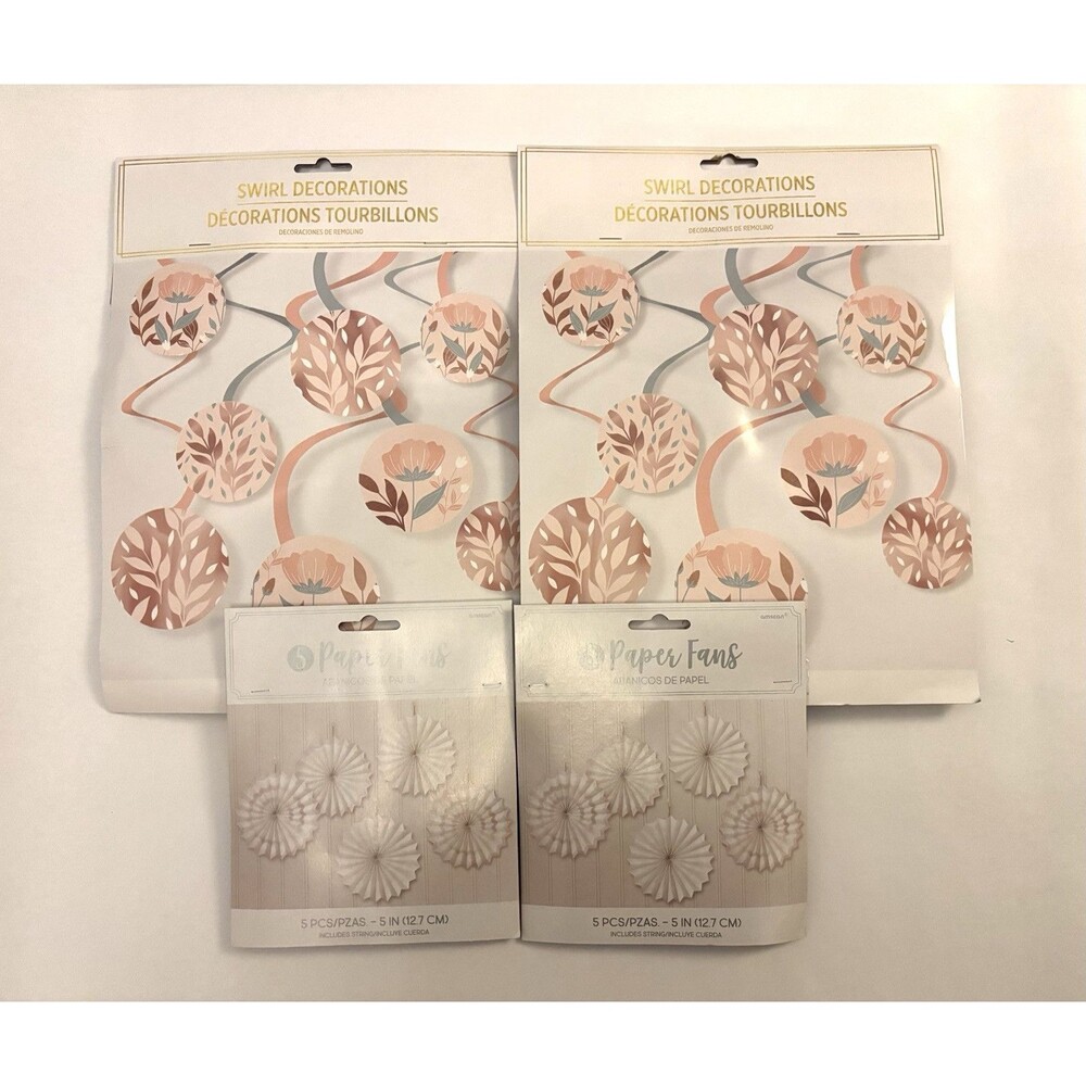 Lot of 4 Mix & Match Rose Gold, Pink & White Party Decorations- Swirls & Fans